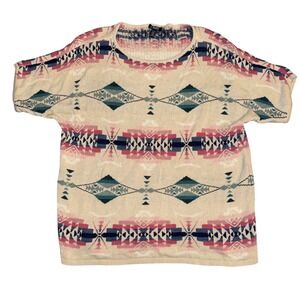 Chaps Womens 2X Southwestern Geometric Knit Short Sleeve Sweater Top Cream Pink